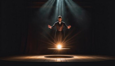 solo,smile,short hair,black hair,long sleeves,1boy,standing,male focus,vest,facial hair,parody,outstretched arms,light rays,mustache,light,dark,stage,spotlight,stage lights,shirt,bow,jacket,bowtie,formal,suit,realistic