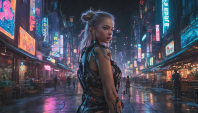 1girl, long hair, breasts, looking at viewer, solo focus, lips, tattoo, night, building, science fiction, city, realistic, cityscape, cyberpunk, neon lights