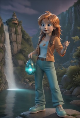 1girl,solo,long hair,breasts,smile,open mouth,blue eyes,brown hair,shirt,holding,jewelry,standing,jacket,full body,outdoors,open clothes,sky,shoes,belt,pants,artist name,water,star (symbol),orange hair,bracelet,open jacket,tree,night,glowing,watermark,denim,sneakers,star (sky),jeans,rock,river,waterfall,red hair,lips,freckles,lantern,cliff