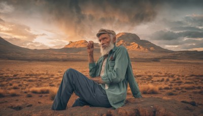 solo,shirt,long sleeves,1boy,hat,holding,sitting,jacket,white shirt,white hair,grey hair,male focus,outdoors,open clothes,sky,pants,cloud,hand up,blurry,uniform,open jacket,military,military uniform,facial hair,scar,cloudy sky,denim,blue jacket,beard,sleeves rolled up,smoke,knee up,pocket,cigarette,green jacket,mountain,mature male,mustache,smoking,breast pocket,manly,old,old man,holding cigarette,mountainous horizon,cigar,desert,wrinkled skin,denim jacket,belt,from side,black pants,scenery,sunset,realistic,on ground,grey sky