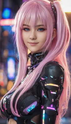 1girl,solo,long hair,breasts,looking at viewer,smile,bangs,blue eyes,twintails,medium breasts,closed mouth,upper body,pink hair,artist name,blurry,two side up,lips,eyelashes,bodysuit,makeup,depth of field,blurry background,science fiction,realistic,nose,black bodysuit,sidelocks,armor,from side,cyborg,cyberpunk