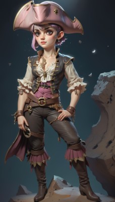 1girl,solo,breasts,looking at viewer,short hair,blue eyes,shirt,hat,holding,cleavage,jewelry,medium breasts,standing,collarbone,full body,white shirt,purple hair,earrings,small breasts,boots,frills,belt,pants,signature,necklace,vest,bracelet,lips,hand on hip,grey eyes,brown footwear,black pants,ring,knee boots,buckle,contrapposto,rock,belt buckle,nose,pirate hat,pirate,leather boots,blush,weapon,pink hair,tattoo,makeup,moon,corset,crescent moon,facial tattoo