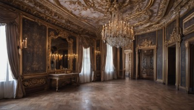 day,indoors,no humans,window,sunlight,curtains,scenery,wooden floor,stairs,door,light,candle,pillar,carpet,arch,candlestand,reflective floor,chandelier,column,chair,table,tiles,tile floor,throne