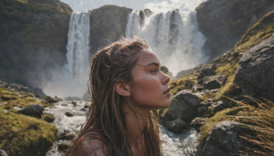 1girl, solo, long hair, brown hair, outdoors, day, water, lips, profile, freckles, rock, realistic, river, waterfall