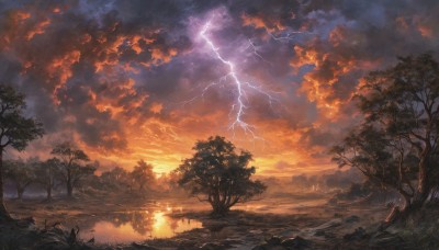 outdoors,sky,cloud,water,tree,no humans,cloudy sky,grass,nature,scenery,forest,reflection,sunset,electricity,bare tree,river,lightning,landscape,lake