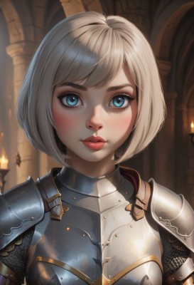 1girl,solo,looking at viewer,blush,smile,short hair,bangs,blue eyes,blonde hair,closed mouth,upper body,white hair,grey hair,parted lips,shiny,artist name,indoors,armor,blurry,lips,eyelashes,makeup,blurry background,swept bangs,bob cut,lipstick,shoulder armor,portrait,freckles,pauldrons,breastplate,nose,red lips,candle,mascara,chainmail,plate armor,boobplate,breasts,thick eyebrows,gorget