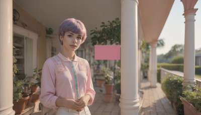 1girl,solo,breasts,looking at viewer,short hair,bangs,shirt,long sleeves,brown eyes,jewelry,standing,upper body,purple hair,earrings,outdoors,parted lips,day,belt,pants,indoors,blurry,lips,makeup,depth of field,blurry background,shadow,sunlight,own hands together,plant,scenery,pink shirt,realistic,white pants,nose,red lips,potted plant,pillar,flower pot,column,smile