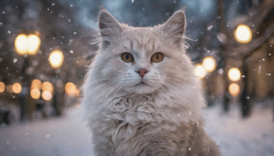 looking at viewer, outdoors, blurry, no humans, depth of field, blurry background, animal, cat, snow, snowing, realistic, animal focus, winter