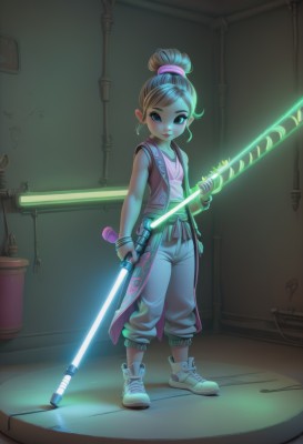 1girl,solo,looking at viewer,blush,smile,blue eyes,brown hair,holding,jewelry,closed mouth,standing,full body,ponytail,weapon,shoes,sleeveless,pants,sword,indoors,hair bun,holding weapon,vest,flat chest,bracelet,glowing,single hair bun,sneakers,science fiction,dual wielding,baggy pants,glowing weapon,energy sword,lightsaber,shirt,brown eyes,earrings,open clothes,artist name,necklace,lips,watermark,white footwear,tank top,staff,hoop earrings,cable,open vest,industrial pipe,pink vest,neon lights