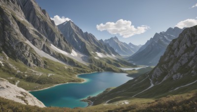 outdoors,sky,day,cloud,water,tree,blue sky,no humans,cloudy sky,grass,nature,scenery,mountain,river,landscape,mountainous horizon,lake,rock,cliff