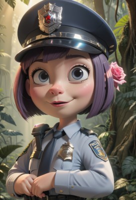 1girl,solo,looking at viewer,smile,short hair,bangs,blue eyes,shirt,hair ornament,long sleeves,hat,upper body,purple hair,flower,outdoors,parted lips,necktie,teeth,day,collared shirt,belt,hair flower,uniform,black eyes,tree,lips,grey eyes,rose,leaf,sunlight,plant,nature,peaked cap,black necktie,pink flower,forest,freckles,epaulettes,pouch,blue necktie,pink rose,badge,police,police uniform,policewoman,police hat,military uniform,bob cut,aged down,child,military hat,nose,female child