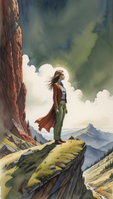 1girl,solo,long hair,brown hair,shirt,1boy,standing,jacket,male focus,boots,outdoors,sky,day,pants,cloud,coat,wind,scenery,mountain,green pants,landscape,cliff,long sleeves,closed mouth,full body,open clothes,from side,profile,brown footwear,cloudy sky,ruins