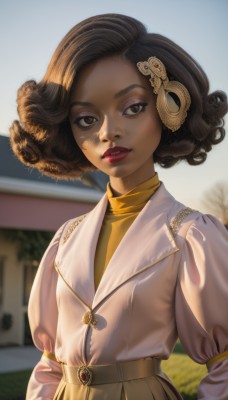 1girl,solo,looking at viewer,short hair,skirt,brown hair,shirt,black hair,hair ornament,long sleeves,brown eyes,jewelry,upper body,outdoors,parted lips,sky,day,puffy sleeves,belt,dark skin,medium hair,necklace,blurry,sweater,dark-skinned female,lips,looking to the side,eyelashes,makeup,blurry background,turtleneck,headphones,lipstick,forehead,curly hair,yellow shirt,realistic,nose,red lips,very dark skin,afro,smile,dress,jacket,teeth,tree,sunlight,white jacket,eyeshadow,backlighting