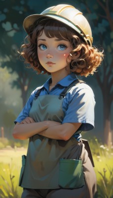 1girl,solo,looking at viewer,blush,short hair,blue eyes,brown hair,shirt,hat,standing,short sleeves,cowboy shot,small breasts,outdoors,parted lips,day,collared shirt,pants,blurry,apron,tree,lips,depth of field,blurry background,white headwear,crossed arms,sunlight,grass,blue shirt,bandaid,backlighting,freckles,curly hair,overalls,bangs,closed mouth,shorts,bag,nose blush,thick eyebrows,helmet,nature,pocket,pink lips,realistic,nose,polo shirt