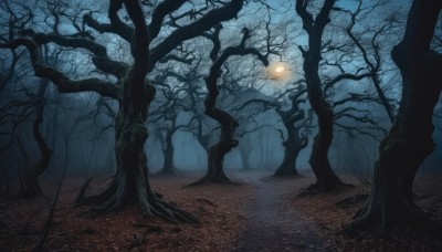 outdoors,sky,tree,no humans,night,nature,scenery,forest,lantern,dark,bare tree,fog,path,glowing,moon,night sky,full moon,moonlight