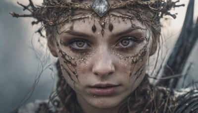 1girl,solo,long hair,looking at viewer,blonde hair,brown hair,brown eyes,jewelry,closed mouth,braid,armor,blurry,lips,eyelashes,depth of field,blurry background,gem,portrait,close-up,freckles,circlet,realistic,yellow eyes