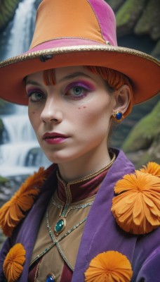 1girl,solo,looking at viewer,short hair,blue eyes,hat,jewelry,upper body,flower,red hair,earrings,outdoors,parted lips,water,necklace,orange hair,blurry,lips,makeup,witch hat,blurry background,lipstick,gem,eyeshadow,freckles,realistic,nose,red lips,eyeliner,purple jacket,waterfall,eyelashes,floral print,feathers,portrait