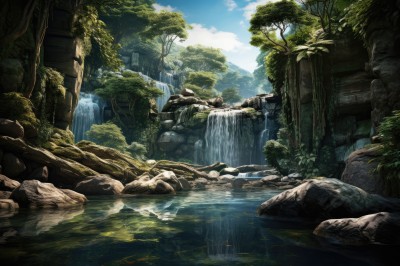 PREMIUM,outdoors,sky,day,cloud,water,tree,blue sky,no humans,sunlight,plant,nature,scenery,forest,rock,ruins,river,waterfall,cliff,moss,mountain,landscape