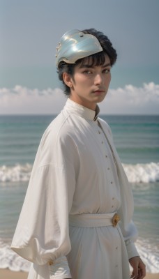 1girl,solo,looking at viewer,short hair,black hair,long sleeves,1boy,brown eyes,jewelry,closed mouth,standing,white shirt,male focus,cowboy shot,earrings,outdoors,sky,day,belt,cloud,dark skin,water,blurry,black eyes,blue sky,lips,buttons,blurry background,ocean,beach,helmet,androgynous,realistic,horizon,bangs,white dress,from side,dark-skinned female,looking to the side,mask,robe,nose,mask on head