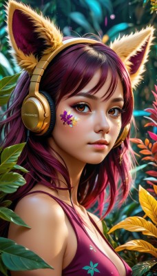 1girl,solo,long hair,breasts,looking at viewer,bangs,animal ears,cleavage,bare shoulders,brown eyes,medium breasts,closed mouth,upper body,purple hair,small breasts,artist name,cat ears,signature,blurry,from side,lips,fox ears,eyelashes,tattoo,makeup,fake animal ears,headphones,leaf,facial mark,tank top,plant,lipstick,portrait,freckles,pink lips,realistic,nose,animal ear headphones,cat ear headphones,shirt,collarbone,flower,outdoors,sleeveless,day,shiny,star (symbol),bra,orange eyes,depth of field,blurry background,sunlight,nature,eyeshadow,light rays,strap gap,eyeliner,star print,facepaint,sunbeam,dappled sunlight,mascara,sticker