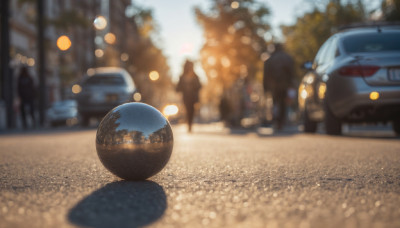 outdoors, sky, blurry, no humans, depth of field, blurry background, ground vehicle, scenery, motor vehicle, lens flare, city, car, road, vehicle focus, street