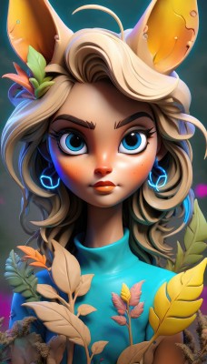 1girl,solo,long hair,looking at viewer,blue eyes,blonde hair,shirt,hair ornament,holding,animal ears,jewelry,closed mouth,upper body,flower,ahoge,earrings,artist name,hair flower,rabbit ears,dark-skinned female,lips,eyelashes,makeup,leaf,watermark,thick eyebrows,blue shirt,plant,lipstick,freckles,nose,red lips,mascara,web address,eyeshadow,eyeliner,deer ears