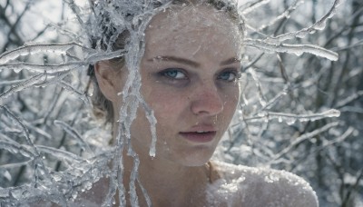 1girl,solo,looking at viewer,short hair,blue eyes,blonde hair,outdoors,parted lips,blurry,tree,lips,blurry background,portrait,snow,freckles,snowing,realistic,winter,bare tree,teeth,grey eyes,eyelashes,depth of field,ice,nose,branch,snowflakes