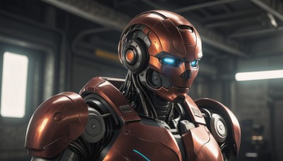 solo,blue eyes,1boy,upper body,male focus,indoors,armor,blurry,blurry background,glowing,helmet,robot,glowing eyes,science fiction,looking ahead,power armor,lights,power suit (metroid),no humans,portrait,mecha,android,humanoid robot