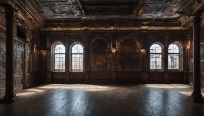 day,indoors,no humans,window,shadow,sunlight,scenery,light rays,wooden floor,stairs,door,light,architecture,ruins,pillar,hallway,church,arch,chandelier,column,fantasy,floor,reflective floor