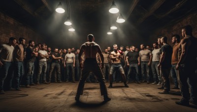 shirt,black hair,standing,male focus,multiple boys,sleeveless,pants,indoors,tattoo,muscular,black pants,crossed arms,tank top,denim,muscular male,t-shirt,6+boys,jeans,realistic,light,bald,ceiling,ceiling light,multiple girls,hat,boots,facial hair,beard,topless male