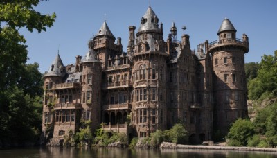 outdoors,sky,day,cloud,tree,blue sky,no humans,building,nature,scenery,fantasy,architecture,bridge,castle,tower,arch,water,river