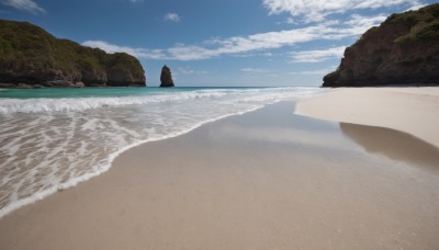 solo,outdoors,sky,day,cloud,water,from behind,blue sky,no humans,shadow,ocean,beach,cloudy sky,scenery,rock,sand,horizon,shore,footprints,nature,waves,landscape,cliff,island