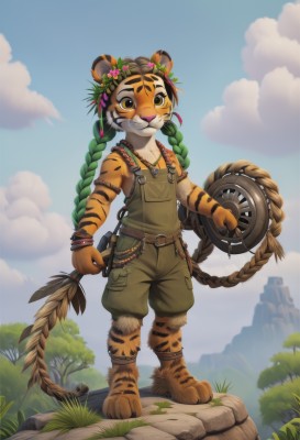 solo,long hair,looking at viewer,black hair,hair ornament,1boy,holding,animal ears,brown eyes,jewelry,very long hair,closed mouth,standing,tail,full body,weapon,braid,flower,male focus,multicolored hair,outdoors,green hair,sky,barefoot,day,belt,artist name,cloud,hair flower,necklace,twin braids,bracelet,tree,blue sky,watermark,cloudy sky,grass,feathers,child,rope,claws,furry,pink flower,animal hands,pouch,rock,mountain,anklet,furry female,overalls,furry male,tiger ears,male child,body fur,white fur,animal nose,snout,animal feet,orange fur,digitigrade,1girl,brown hair,shirt,twintails,short sleeves,holding weapon,flat chest,no humans,animal print,nature,brown gloves,head wreath,orange shirt,whiskers,brown fur,tiger girl,flower wreath,log,multiple braids