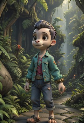 solo,smile,brown hair,shirt,black hair,long sleeves,1boy,brown eyes,jewelry,standing,jacket,full body,male focus,outdoors,open clothes,belt,pants,necklace,open jacket,tree,sandals,sunlight,plant,denim,child,nature,furry,forest,furry male,male child,bracelet,torn clothes,leaf,jeans