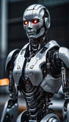 solo,red eyes,1boy,upper body,blurry,no humans,blurry background,glowing,robot,mecha,glowing eyes,1other,science fiction,realistic,android,joints,cable,cyborg,damaged,looking ahead,robot joints,cyberpunk,mechanical parts,humanoid robot,looking at viewer,male focus,orange eyes,depth of field