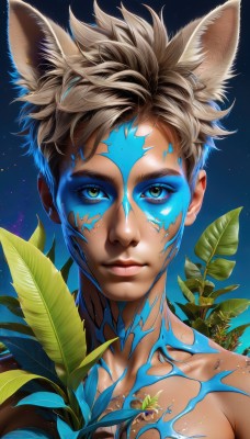 solo,looking at viewer,short hair,brown hair,1boy,animal ears,brown eyes,closed mouth,yellow eyes,upper body,male focus,cat ears,lips,eyelashes,tattoo,leaf,blue background,facial mark,plant,portrait,star (sky),topless male,nose,facepaint,bodypaint,cat boy,blue eyes,sky,artist name,fox ears,night,glowing,extra ears,starry sky,paint,full-body tattoo