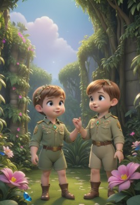 smile,short hair,open mouth,brown hair,shirt,brown eyes,jewelry,standing,flower,male focus,hairband,boots,outdoors,multiple boys,sky,shorts,day,belt,cloud,2boys,looking at another,uniform,bracelet,tree,blue sky,military,military uniform,holding hands,siblings,brown footwear,cloudy sky,grass,bug,plant,butterfly,child,nature,interlocked fingers,sleeves rolled up,forest,green shirt,male child,full body,tiara,fantasy,brothers