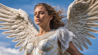 1girl,solo,long hair,looking at viewer,brown hair,brown eyes,upper body,outdoors,parted lips,wings,sky,day,cloud,armor,blue sky,lips,feathered wings,angel wings,breastplate,realistic,white wings,angel,dress,dark skin