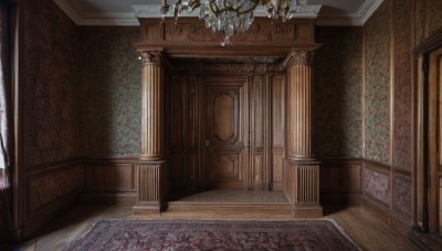 indoors,no humans,window,sunlight,scenery,wooden floor,stairs,door,light,candle,architecture,pillar,statue,hallway,carpet,candlestand,chandelier,column,day,blood,shadow,floor,arch,rug