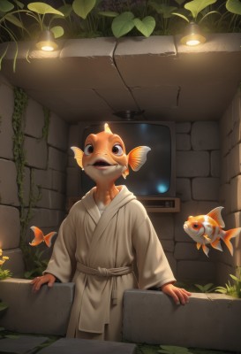 solo,smile,open mouth,1boy,standing,male focus,teeth,animal,leaf,grass,plant,furry,fish,robe,goldfish,long sleeves,brown eyes,jewelry,earrings,horns,indoors,black eyes,wall,stone wall