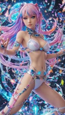 1girl,solo,long hair,breasts,looking at viewer,bangs,blue eyes,navel,cleavage,bare shoulders,jewelry,medium breasts,closed mouth,underwear,swimsuit,pink hair,bikini,multicolored hair,earrings,horns,bra,blurry,bracelet,lips,floating hair,white bikini,armlet,white bra,hair ornament,very long hair,standing,choker,necklace,stomach,collar,makeup,ring,gem,realistic