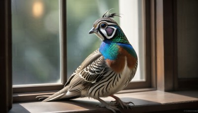 HQ,solo,blue eyes,closed mouth,full body,artist name,indoors,blurry,from side,no humans,window,depth of field,blurry background,shadow,bird,animal,watermark,feathers,web address,realistic,animal focus,talons,beak,standing