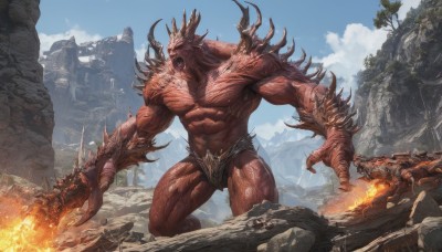 solo,open mouth,red eyes,1boy,holding,standing,weapon,male focus,outdoors,horns,sky,teeth,day,cloud,holding weapon,tree,blue sky,no humans,muscular,glowing,colored skin,fangs,abs,cloudy sky,fire,sharp teeth,muscular male,glowing eyes,claws,spikes,veins,topless male,monster,rock,mountain,giant,ruins,red skin,demon,molten rock,fantasy,breathing fire