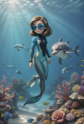 1girl,solo,breasts,smile,brown hair,hair ornament,jewelry,closed mouth,swimsuit,full body,small breasts,medium hair,bracelet,lips,bodysuit,ocean,animal,sunlight,sunglasses,goggles,skin tight,fish,bubble,light rays,underwater,air bubble,sunbeam,swimming,diving mask,turtle,coral,wetsuit,blush,short hair,closed eyes,hairclip,artist name,water,makeup,watermark,lipstick,monster girl,multicolored clothes,forehead,arms at sides,mermaid,tinted eyewear,dolphin,freediving,fish hair ornament,aquarium,blue-tinted eyewear