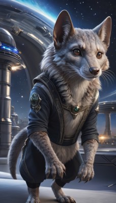 solo,looking at viewer,brown eyes,jewelry,standing,jacket,full body,sky,pants,signature,no humans,animal,gem,star (sky),claws,furry,starry sky,space,animal focus,planet,whiskers,earth (planet),clothed animal,tail,black jacket,night,watermark,cat,brooch,night sky,realistic