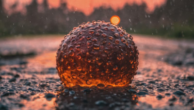 outdoors, food, sky, cloud, water, blurry, no humans, depth of field, blurry background, scenery, rain, sun, food focus