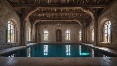 day,indoors,water,no humans,window,sunlight,scenery,reflection,light rays,stairs,architecture,ruins,pillar,hallway,church,arch,column,wooden floor,fantasy,door,bridge