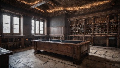 day,indoors,water,book,no humans,window,chair,table,sunlight,scenery,wooden floor,stairs,door,bookshelf,tiles,candle,tile floor,shelf,cabinet,fireplace,desk,candlestand