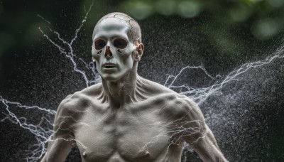 solo,1boy,upper body,male focus,blurry,muscular,parody,sunglasses,meme,topless male,realistic,electricity,bald,manly,nipples,collarbone,nude,parted lips,veins,skull,lightning,alien,horror (theme)