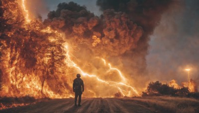 solo,short hair,1boy,standing,jacket,male focus,outdoors,sky,pants,cloud,bag,from behind,tree,backpack,cloudy sky,grass,fire,scenery,smoke,walking,science fiction,electricity,bush,lamppost,lightning,signature,night,road,wide shot